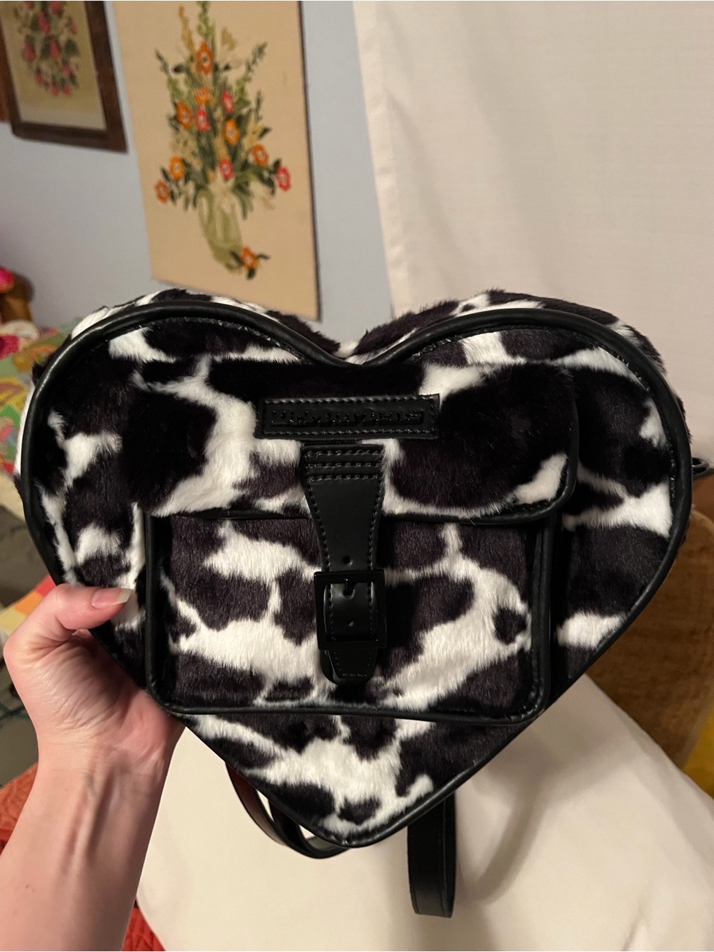 Dr. Martens heart shaped faux fur cow print backpack 🐄